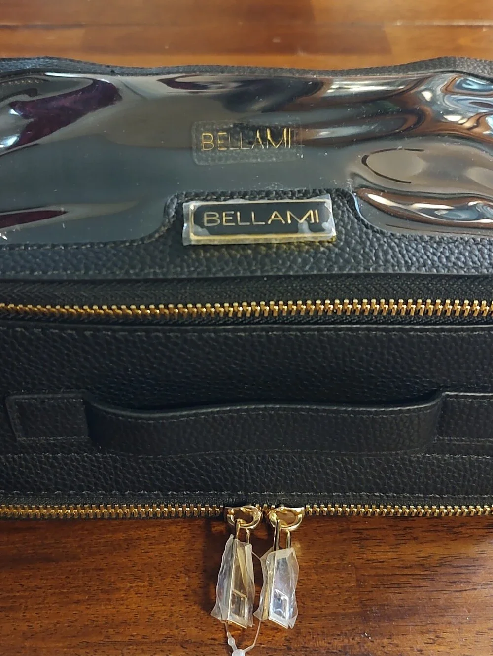 BELLAMI Black Toiletry Case with Clear Top and Gold Accents